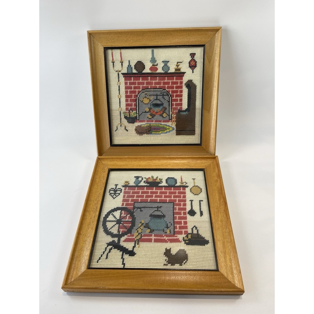 Vintage Framed Needlepoint‎ Art Colonial Hearth Scenes Handmade Set Of 2 12"X12"